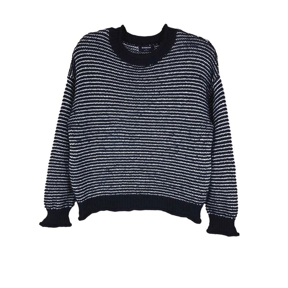 The Workshop Sweater Women’s Medium Black White Striped Knit Cozy Stretch